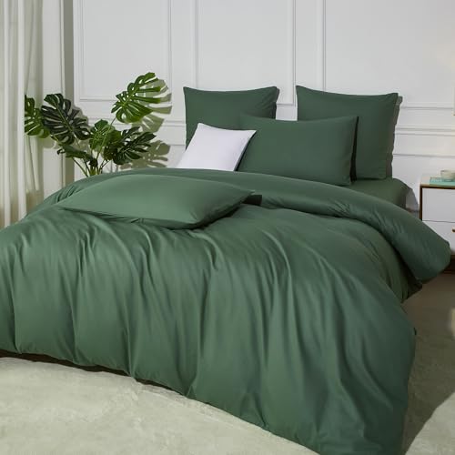 DXHOME Bettwäsche 155x220 Baumwolle Grün Dunkelgrün Uni Lyocell Seide Weich Atmungsaktiv 3 Teilig Bettwäsche für Einzelbett mit Reißverschluss und 2 Kissenbezüge 80x80 cm