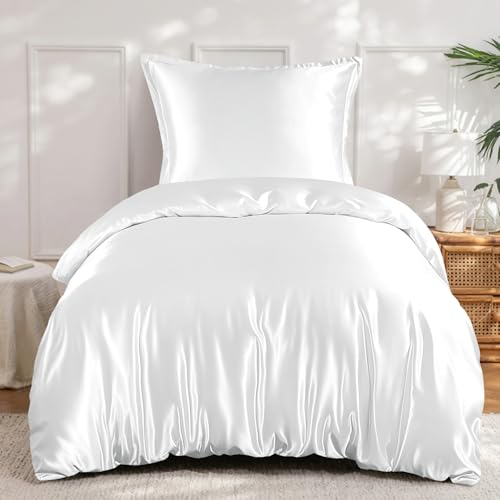 RUIKASI Satin Bettwäsche 135x200 Weiß - Seidig Luxus Bettbezug mit Glanz wie Seiden Bettwäsche Set für Haar und Haut, Glänzend Bettwäsche 135x200cm mit Reißverschluss und Kissenbezug 80x80cm