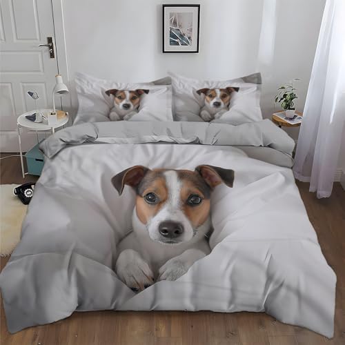 Hellgrau Bettwäsche 200 x 220 cm Tier Jack-Russell-Terrier Foto Kunst 3tlg, Weiche Mikrofaser Bettbezug & 2 Kissenbezug für Jungen Und Mädchen - Wendebettwäsche für Schlafzimmer Deko Geschenke