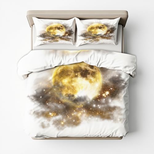 Generisch Gold Mond Sterne Bettwäsche 140x200, 2teilig - Celestial Sternenhimmel Galaxie Bettbezug und 1 Kissenbezug 70x90, Wendebettwäsche, Schlafzimmer Deko, Mikrofaser, mit Reißverschluss SD-1728