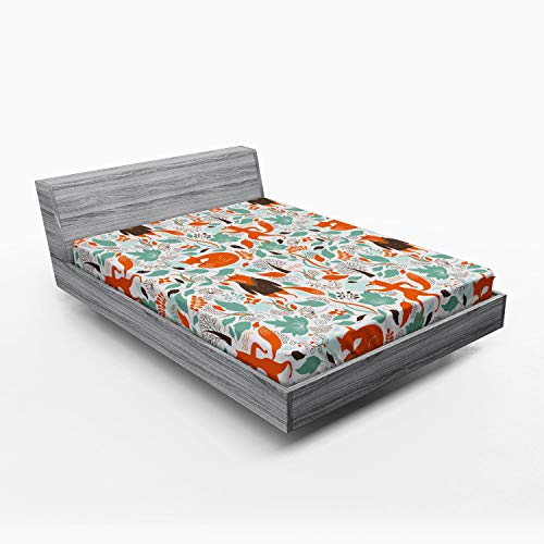 ABAKUHAUS Fuchs Spannbetttuch, lustige Garten, Soft Dekorativer Stoff Bettwäsche Rund-um Elastischer Gummizug, 160 x 200 cm, Türkis Orange Braun