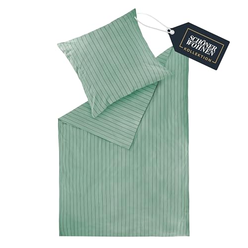 SCHÖNER WOHNEN Flanell Bettwäsche 135x200 Baumwolle Grün - Luxus Bettwäsche-Set 2teilig Öko - kuschelige warme Flauschige Sets - 1 Bettwäschebezug und 1 Kopfkissenbezug 80x80cm - Herbst & Winter