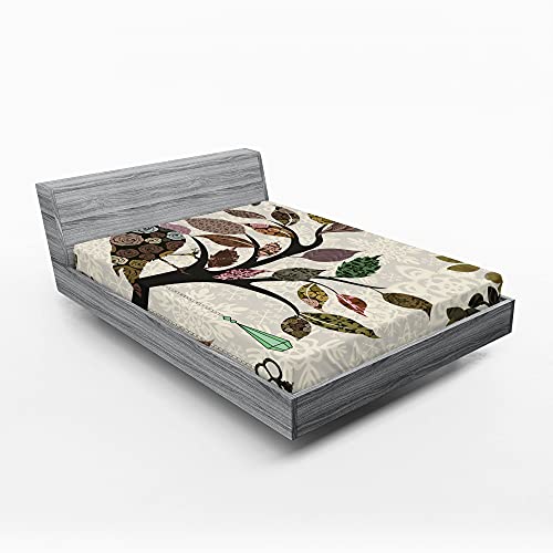 ABAKUHAUS Natur Spannbetttuch, Frühlings-Blumen Vögel Französisch, Soft Dekorativer Stoff Bettwäsche Rund-um Elastischer Gummizug, 150 cm x 190 cm, Braun und Beige