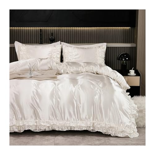 CNYUON 3-teiliges Satin-Bettbezug-Set, Seiden-Bettwäsche-Set, seidiges Rüschenmuster, luxuriöses Bett-Set(White,168x229cm- US-Twin)
