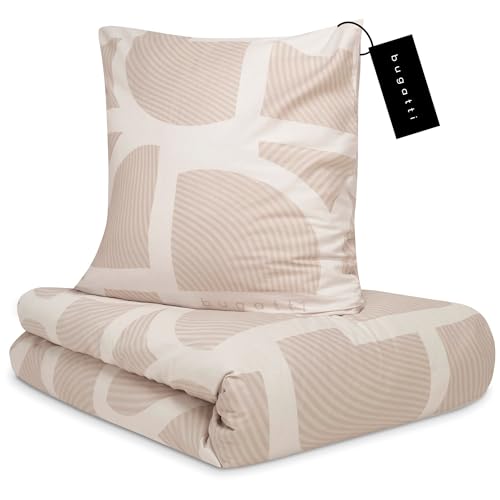 bugatti Bettwäsche 135x200 cm - 100% Baumwolle, Reißverschluss, anschmiegsam, weich & waschbar, Satinbettwäsche beige grafisches Muster
