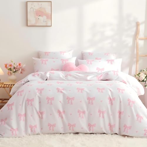 Tospass Schleife Bettwäsche 135x200cm Beige Rosa Schleifen Mädchen Wendebettwäsche-Set Deckenbezug Fliege Mikrofaser Kinderbettwäsche 1 Bettbezug mit Reißverschluss und 1 Kissenbezug 80x80cm