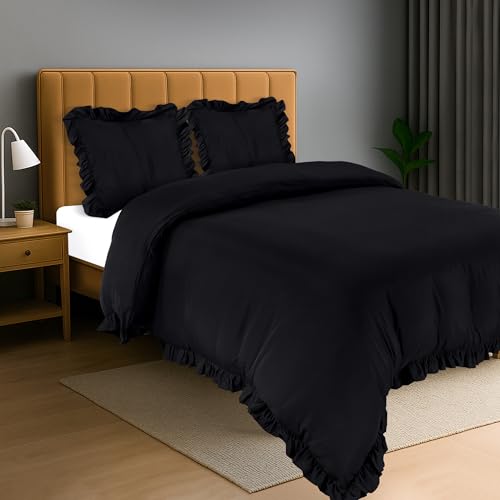 Utopia Bedding Rüsche Bettwäsche 200x200 Set - Mikrofaser Bettbezug 200x200 cm + 2 Kissenbezüge 80x80 cm - Schwarz