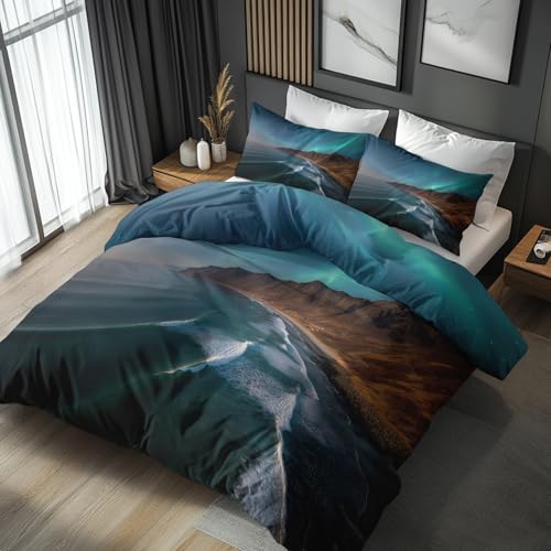 Generisch Bettwäsche 200x200 Meer Berge, Weiche Bügelfreie Mikrofaser Bettbezug Set 3tlg, Maritim Natur Landschaft Muster Schlafzimmer Deko, 2 Kissenbezüge 80x80, mit Reißverschluss APG112