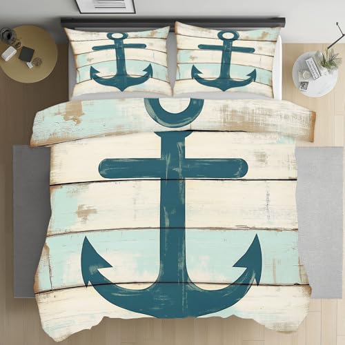 RRUxiia Bettwäsche 140x200cm Weich Navigation Anker Duvet Cover Set mit Reißverschluss Retro Planke Boot Bettbezüge Sommer Atmungsaktiv Mikrofaser mit 2 Kissenbezüge 80x80cm