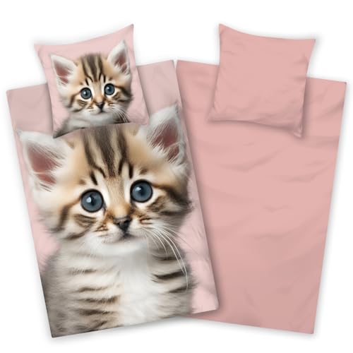 Aminata kids Bettwäsche Katzen 135x200 Biber Kinderbettwäsche Katzenmotiv Mädchen Rosa warm weich Winterbettwäsche Katze