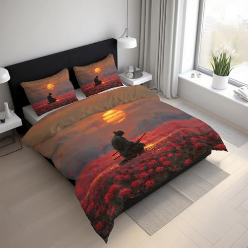 Generisch Bettwäsche Japanischer Samurai 155x200, Microfaser Bügelfreie Orientalisch Blumen Sonne Bettbezug und 2 Kissenbezüge 80 x 80, Bettwäsche-Sets 3teilig mit Reißverschluss