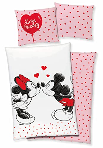 Tex idea Disney Mickey & Minnie Mouse Bettwäsche 80x80 + 135x200 cm 100% Baumwolle mit Reißverschluss, Bunt