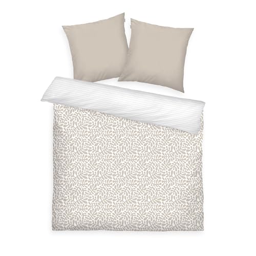 TOM TAILOR Renforcé-Bettwäsche, 2*80x80 + 200x220 cm, 100% Baumwolle/Renforcé, mit Wendemotiv und farbigem Reißverschluss, ORGANIC LEAVES Beige, Weiß (Sunny Sand)