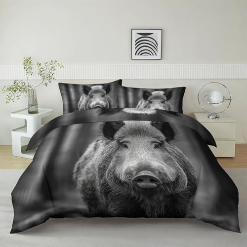 Bettwäsche 200 x 220 cm HD Wald Tier Wildschwein Foto Bettbezug, Schwarz Weiß wendebettwäsche mit Reißverschluss - Weiche Fein Mikrofaser Bettwäsche Set - 3 Teilig Bettbezüge mit 2 Kissenbezüge