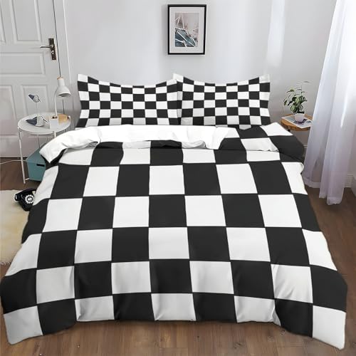 Bettwäsche 135x200cm Schwarz-Weißes Schachbrett Polyester Baumwolle Bettbezug Set, Weich Bügelfrei Bettwäsche-Sets für Kinder Junge Mädchen Zimmer Dekoration, mit 2 Kissenbezüge