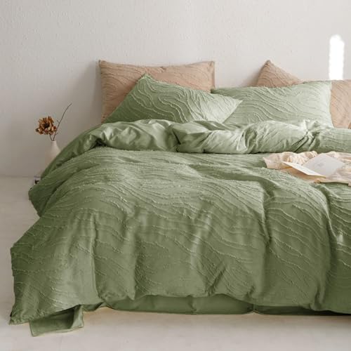 Lanqinglv Grün Bettwäsche 135x200 cm Boho Getuftet Exquisite Handgefertigt Stickerei Streifen Chic Getuftet Vintage Bettbezug 135x200cm mit Reißverschluss und 1 Kissenbezüge 80x80cm