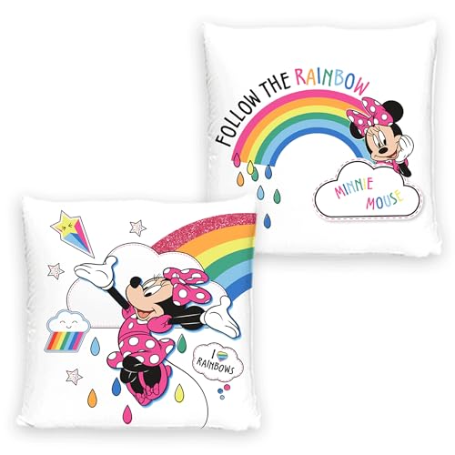 Minnie Mouse Kissen Rainbow 40x40 cm Dekokissen Kuschelkissen Wendekissen Kinderkissen Schmusekissen Kopfkissen Disney Mickey Maus Daisy Donald Goofy Vorder- und Rückseite passend zur Bettwäsche
