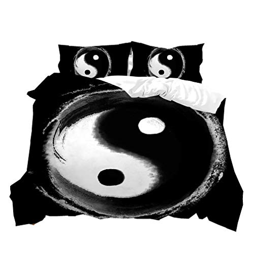 Sticker Superb Yin Yang Bettwäsche Set Tai Chi Drachen Fisch Mandala Schwarz Weiß Kunst 3D Blumen Druck Bettbezug 2/3 Stück Tier Aquarell Bett Set Bettdecke Quilt (Style 3, 135 x 200 cm)
