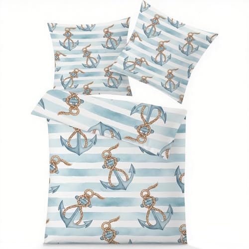 GEDAEUBA Maritim Bettwäsche 140x200 Winter - Anker Nautische Bettbezug, Wendebettwäsche und Kissenbezug 70x90, Weiche & Angenehme Mikrofaser Bettwäsche-Sets mit Reißverschluss