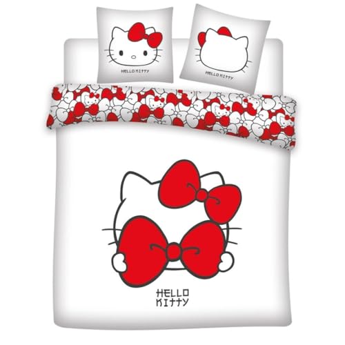Aymax Bettwäsche für Doppelbett, Hello Kitty Bow, für Doppelbett, wendbarer Bettbezug 240 x 200 cm + 2 Kopfkissenbezüge 65 x 65 cm, Weiß