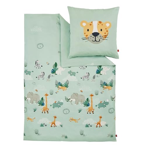 s.Oliver Kinderbettwäsche Tiere 135x200 cm - 100% Baumwolle, praktischer Reißverschluss & maschinenwaschbar, Bettwäsche für Kinder 2tlg. Zootiere hellgrün