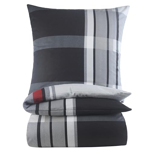 BaSaTex Feinbiber Winter Bettwäsche warme und kuschelige Bettgarnitur und Kissenbezug 135x200 + 80x80 cm | 100% Baumwolle | Jack - Anthrazit Grau Rot