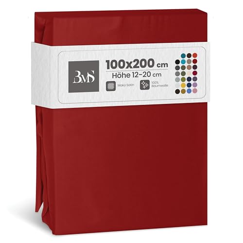 Bettwaesche-mit-Stil Mako Satin Spannbettlaken Spannlaken Spannbetttuch (100 cm x 200 cm, Matratzenhöhe 12-20 cm, Rot)