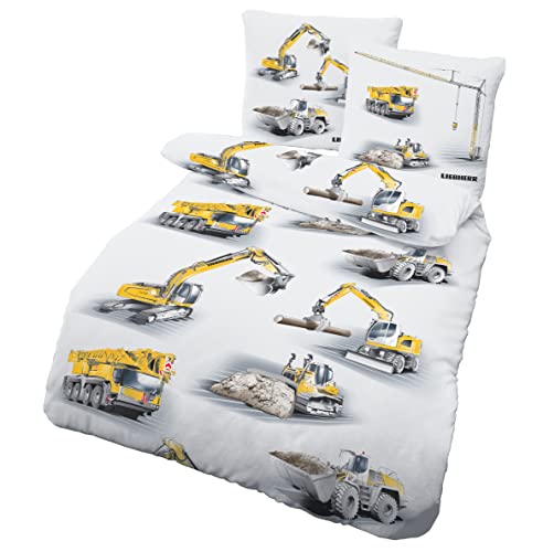 Bagger Bettwäsche 135x200 2teilig - Kinderbettwäsche 135x200 Jungen mit Baustellenmotiven - LIEBHERR Biber Bettwäsche Baumwolle für Jungs