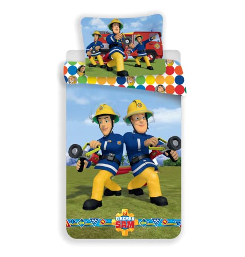 Kinder Bettwäsche Feuerwehrmann Sam und Elvis Bettdeckenbezug 140 x 200 cm und Kopfkissenbezug 70 x 90 cm, 100 % Baumwolle