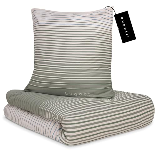 bugatti Bettwäsche 155x220 cm - 100% Baumwolle, Reißverschluss, anschmiegsam, weich & waschbar, Satinbettwäsche grün gestreift