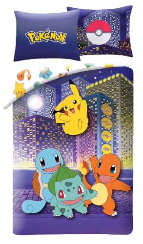 Wendebettwäsche Pokemon City, Bettbezug 140 x 200 cm und Kissenbezug, 100 % Polyester