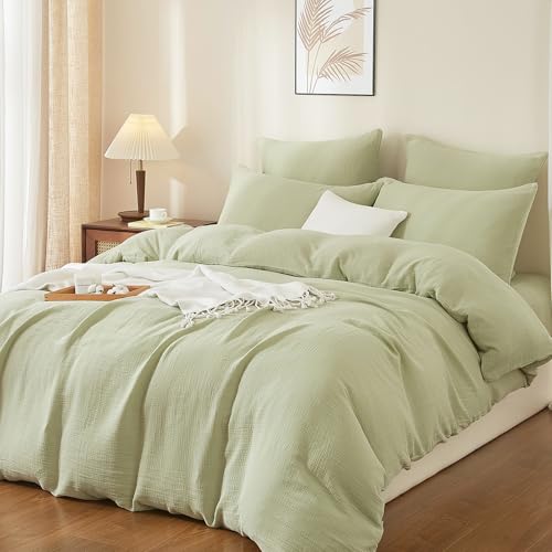 Boqingzhu Doppelte Muslin Bettwäsche 220×240 cm Grün Hellgrün Baumwolle – Temperaturregulierend Atmungsaktiv Weich– Winter Sommer Bettbezug mit Reißverschluss & 2X Kissenbezug 80x80