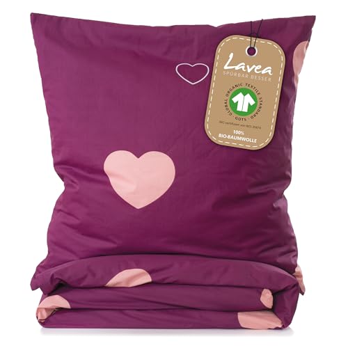 Lavea® Milena Bettwäsche Kinder Set, Kinderbettwäsche aus 100% Bio-Baumwolle, mit Herzmotiv, weiche Bezüge für Bettdecke und Kopfkissen, mit Reißverschluss, Bordeaux Rosa 155 x 220 cm und 80 x 80 cm