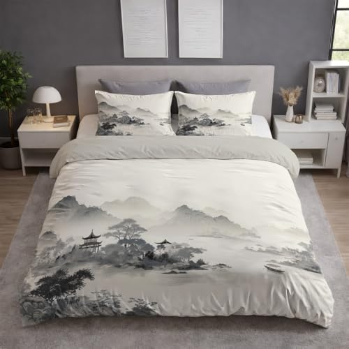 Schwarz Weiß Flauschige Zweiseitig Bettwäsche Set - Orientalisch Tuschemalerei Pavillon Berge - Bettwäsche Kuschlig Weich Farbbeständig Bügelfrei Microfaser Bettbezug 135 x 200 mit Reißverschluss