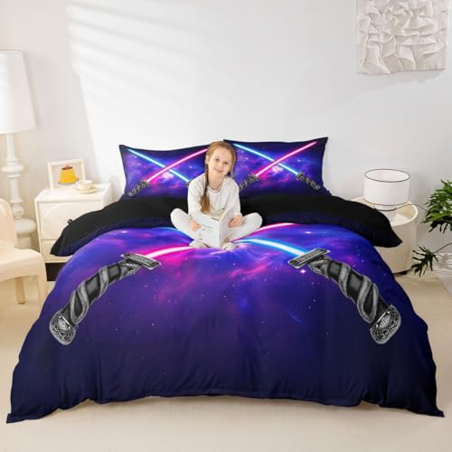 Manfei Kinder-Bettwäsche-Set mit Lichtschwert, Queen-Size-Größe, Lichtschwert, 3-teilig, für Jungen, Teenager, Raumdekoration, blau-violetter Sternenhimmel, Bettdeckenbezug, Galaxie, Weltraum,