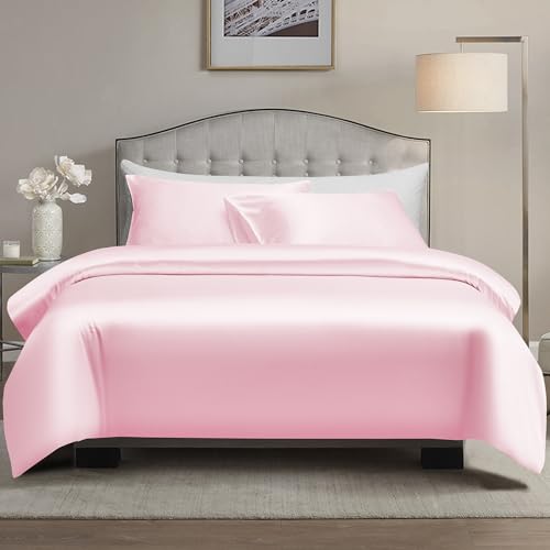 AiMay 3-teiliges Bettbezug-Set (1 Bettbezug + 2 Kissenbezüge), Satin, Seide, luxuriös, 100 % superweiche Mikrofaser, Bettwäsche-Kollektion (Pink, King)