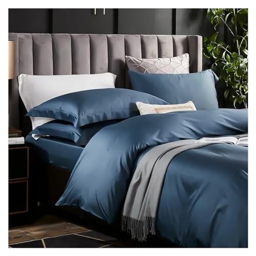 Bettwäsche-Set aus ägyptischer Baumwolle, blau, wendbar, einfarbig, für Doppelbett, Queensize, Kingsize, einfacher Bettbezug, Reißverschluss, extra weiches, seidiges Bettlaken, Bett