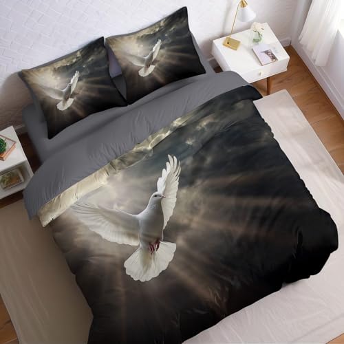 Gold Bettwäsche Set 220 x 240 cm Vögel weiße Tauben Frieden 3 teilig Bettbezug mit Reißverschluss und 2 Kissenbezüge 80 x 80 cm für Erwachsene Teenager