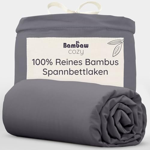 Bambaw Bambus Spannbettlaken 180x200 cm, 35 cm Steghöhe, Milben Allergie Bettwäsche, Sommer Bettlaken kühlend, weiche und atmungsaktive Spannbettlaken, Bettlaken 180x200 Bambus (Anthrazit)