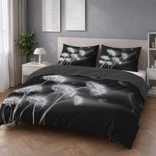 Elegant Natur Pusteblume Bettwäsche-Sets Mikrofaser mit Reißverschluss, Fantasy Schwarz Weiß Bettbezug 3teilig und Kissenbezügen 80x80, Anschmiegsam, Strapazierstark Wende Bettwäsche H 200 x B 200cm