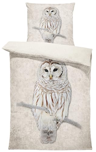 one-home Winter Bettwäsche Thermo Fleece Kuschelig Warme Bettbezüge Flauschig Warm Weich, Größe:2 teilig 135x200 cm, Farbe:Eule beige Natur