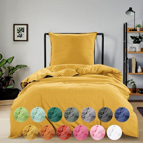 wometo Bettwäsche Renforce Stone-Washed 135x200 & 80x80 100% Baumwolle - gelb senfgelb Curry OekoTex weich modern Used-Look Leinen-Optik