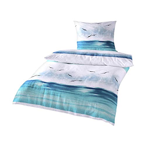 Traumschlaf • Seersucker Bettwäsche Set • Bügelfrei• luftig leichte Sommer-Bettwäsche im Maritimen Look • 155x220 cm + 80x80 cm