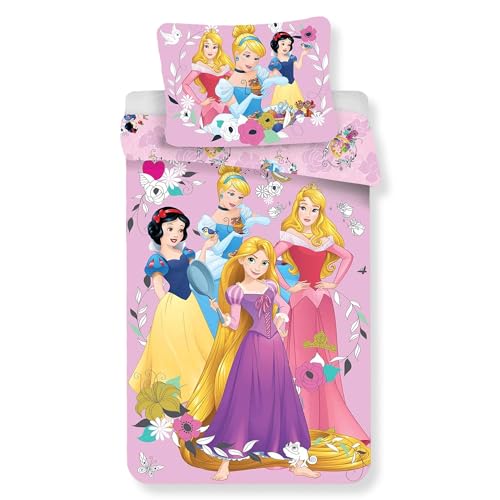 Disney Prinzessinnen Bettbezug für Kinder, Bettwäsche 140 x 200 cm, Kissenbezug 70 x 90 cm, 100 % Baumwolle