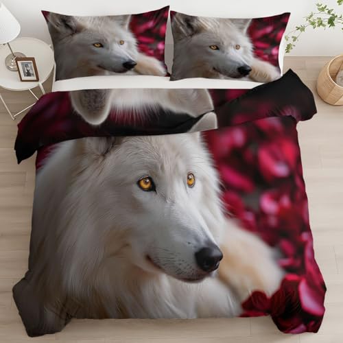 Generisch Bettbezüge Bettwäsche-Sets 135 x 200 cm 2er Set aus Mikrofaser, mit 1 Kissenbezügen 80 x 80 cm, Wolf Seide Rose Weich und Knitterfrei, Modern mit Reißverschluss Schwarz Und Grau