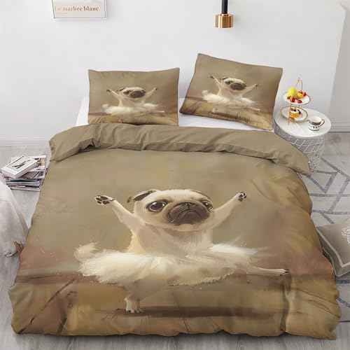 Bettwäsche 135x200 Mops Bettwäsche-Sets 2-teilig, Mikrofaser, mit Reißverschluss für Mädchen Jungen. (Bettbezug 135x200 + 1 Kissenbezüge 80x80) H5G5X14104