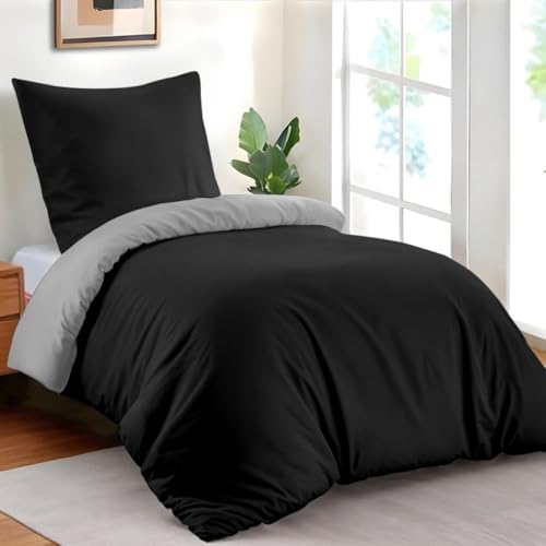 Dreamzie - Bettwäsche Set 135x200 cm mit 1 Kissenbezüg 80x80 cm Schwarz/Dunkelgrau - 1 Bettbezug 135x200 aus 100% Mikrofaser - Zertifiziert ohne Chemikalien (Oeko TEX)