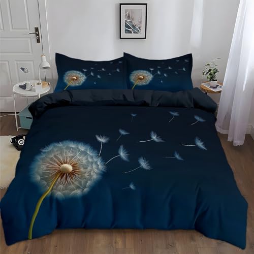 Srigzcaly Natur Pflanze Pusteblume im Wind 240x220 cm Bettwäsche Set mit Reißverschluss, Dunkelblau-Schwarz Bettbezug für Jungen Mädchen Mikrofaser Betten Set mit 2 Kissenbezug 80x80cm