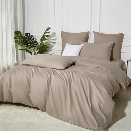 DXHOME Bettwäsche 155x220 Baumwolle Lyocell Seide Weich Atmungsaktiv Khaki Taupe Uni 3 Teilig Weich Renforce Bettwäsche für Einzelbett mit Reißverschluss und 2 Kissenbezüge 80x80 cm