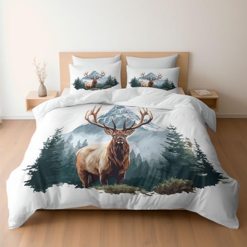 Bettwäsche 240 x 220 cm Mikrofaser Bettbezug, Hirsch Berge Wald Kunst Bettwäsche Wende-Bettwäsche-Set, Bettbezug und 2 x Kissenbezüge Atmungsaktiv Maschinenwaschbar, Weiß Bettwäsche 240 x 220 cm Mikrofaser Bettbezug, Hirsch Berge Wald Kunst Bettwäsche Wende-Bettwäsche-Set, Bettbezug und 2 x Kissenbezüge Atmungsaktiv Maschinenwaschbar, Weiß